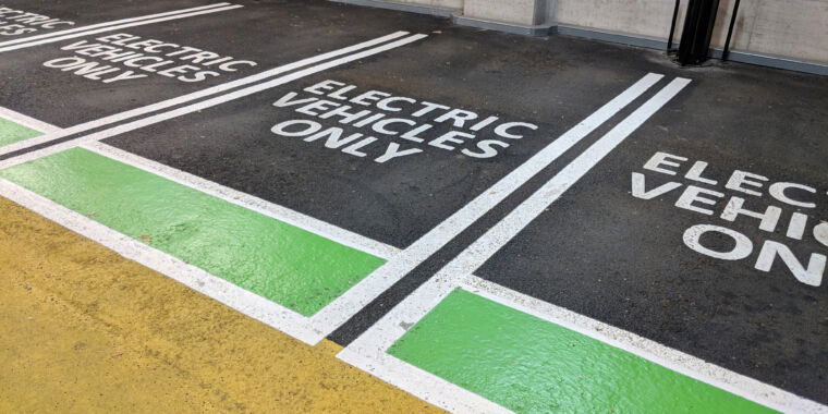 Electric vehicle charging spaces in a multi storey car park.