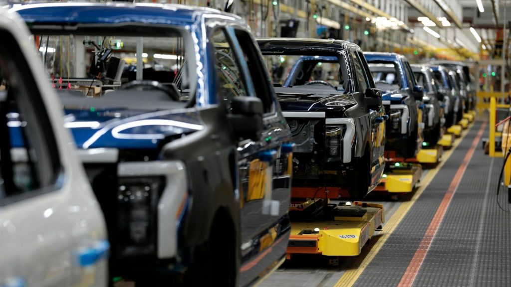 Ford Motor Company's electric F-150 Lightning on the production line at their Rouge Electric Vehicle Center in Dearborn, Michigan on September 8, 2022. (Photo by JEFF KOWALSKY / AFP) (Photo by JEFF KOWALSKY/AFP via Getty Images)