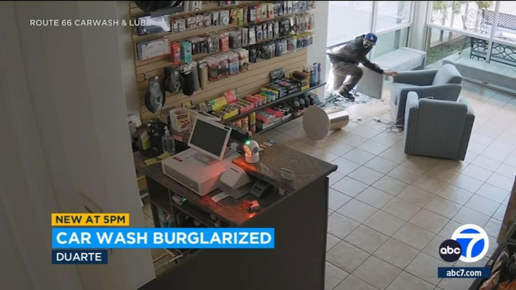 Burglar sought after surveillance video shows him breaking into car wash in Duarte - KABC-TV