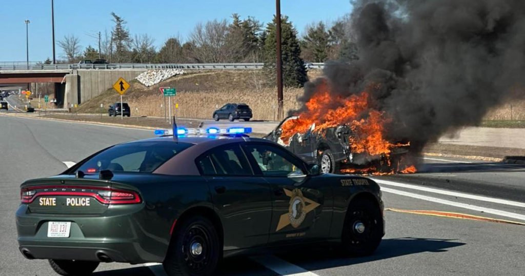 Truck catches fire after crashing near New Hampshire tollbooth on I-95 causing delays - CBS Boston