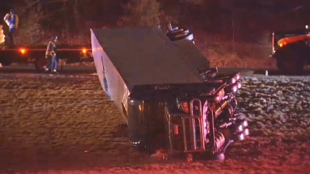 Truck rolls over on I-495 in Bellingham - NBC Boston