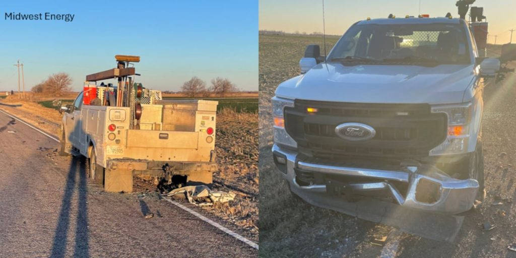 Distracted driving? SUV sideswipes utility truck parked on roadside with lights flashing - KWCH