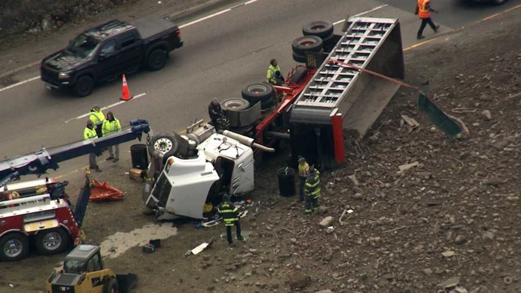 Dump truck rollover on interstate ramp in Canton causes big backup - WCVB Boston
