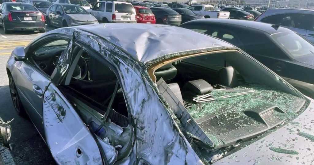 Car crushed in SFO parking lot after tire falls off United Airlines jet during takeoff - CBS San Francisco