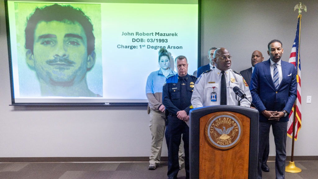 Atlanta Fire Chief Roderick Smith talks at a press conference at the Atlanta Police Headquarters about the arrest of John Roberts Mazurek Thursday. February 8, 2024.   (Steve Schaefer/steve.schaefer@ajc.com)