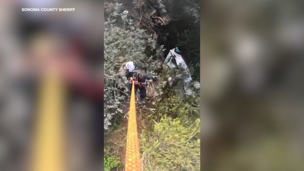 Crew airlifts car wreck victim from Northern California cliffside, Sonoma County Sheriff's Department video shows - KABC-TV