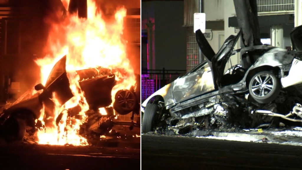 1 dead, another injured in fiery Fremont crash after car hits tree: police - KGO-TV