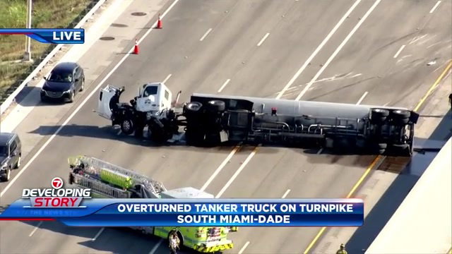 Tanker truck rollover blocks 4 NB lanes of Florida Turnpike near Kendall Drive and Sunset Drive; 7 hurt - WSVN 7News | Miami News, Weather, Sports | Fort Lauderdale