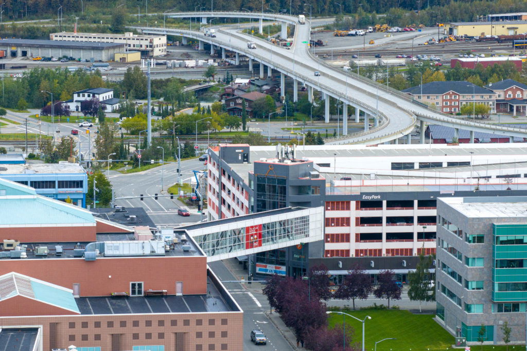 Vehicles travel over the A/C bridge on Tuesday, Sept. 5, 2023 in downtown Anchorage. (Loren Holmes / ADN)