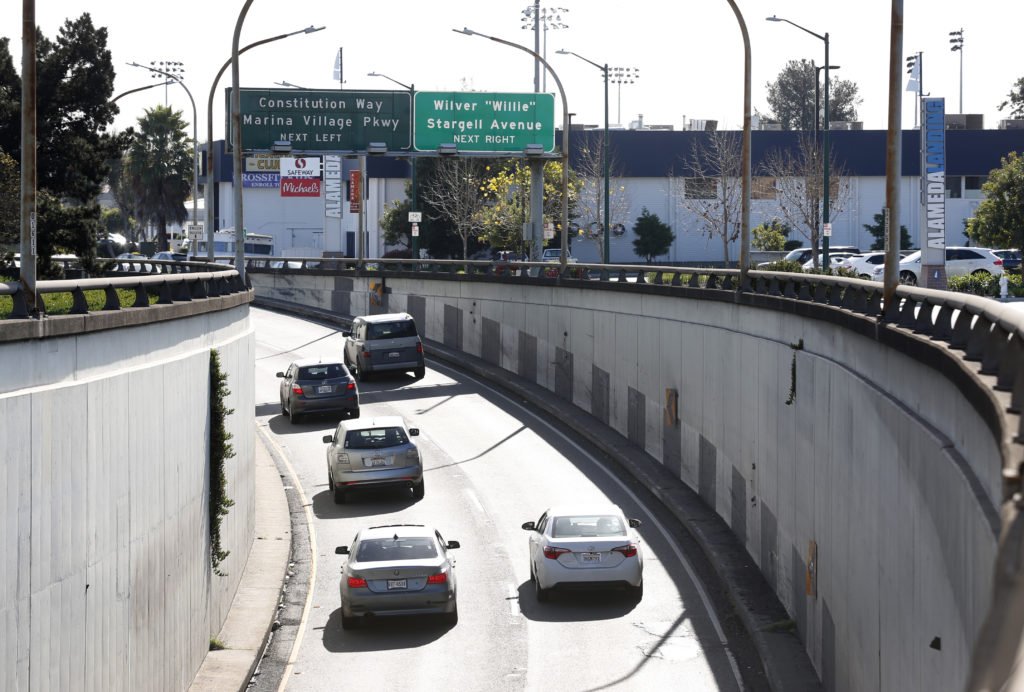 Cars emerge from the Webster Street Tube into Alameda, Calif. on Friday, Feb. 2, 2018. The Alameda City Council will vote on a plan to install license plate readers at all entry points into the island city. (Photo by Paul Chinn/San Francisco Chronicle via Getty Images)