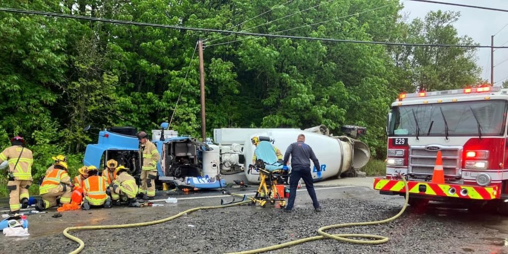 Concrete mixing truck rolls in Woodland; driver rescued - Fox 12 Oregon