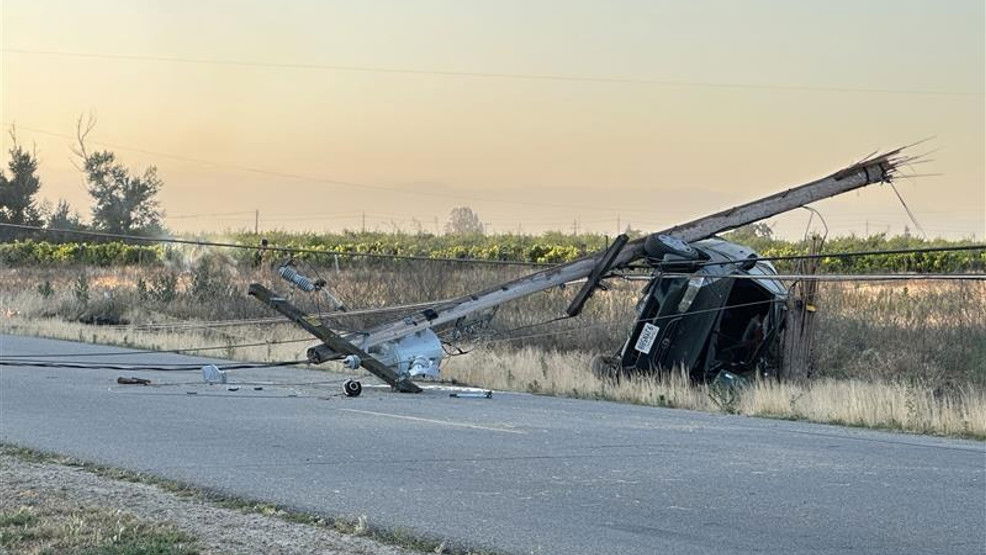 Car flips after crash, takes out power pole, catches fire - KMPH Fox 26