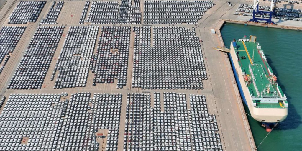 A large number of Chinese-made cars are being gathered at Yantai Port for shipment for export in Yantai, Shandong Province, China, on April 12, 2024. (Photo by Costfoto/NurPhoto) (Photo by CFOTO / NurPhoto / NurPhoto via AFP)