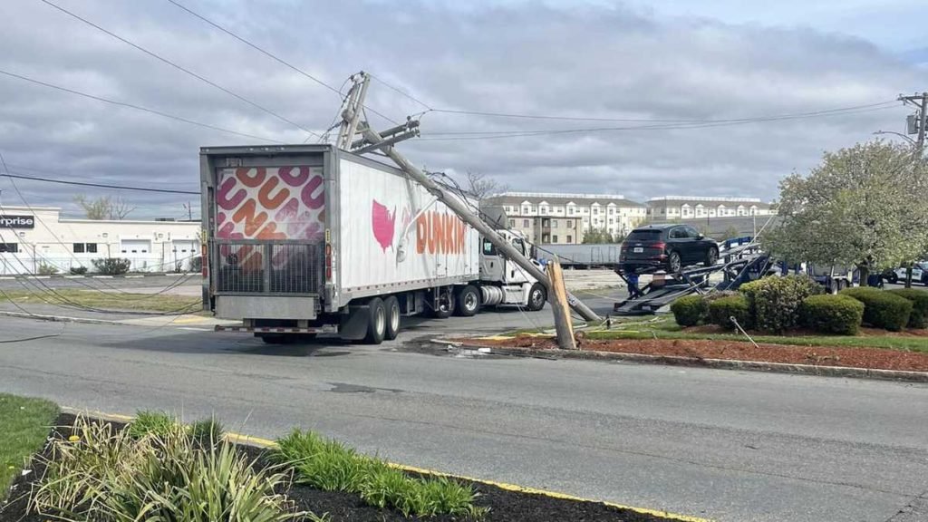Dunkin' truck hits utility pole, causing lengthy traffic problem - WCVB Boston