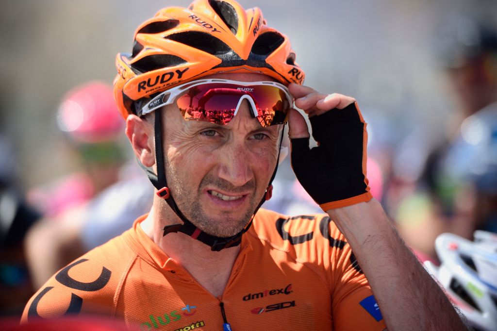 Italian Davide Rebellin of CCC Sprandi Polkowice team rides during the second stage of the seventh cycling Tour of Oman between the Omantel Head office on the outskirts of Muscat and Qurayyat on February 17, 2016. - Forty-four-year-old Davide Rebellin, who is the oldest rider of the peloton, finished 5th in the second stage and is 6th at the general classification of the tour. - TO GO WITH AFP STORY BY YASSINE KHIRI (Photo by Eric Feferberg / AFP) / TO GO WITH AFP STORY BY YASSINE KHIRI (Photo by ERIC FEFERBERG/AFP via Getty Images)