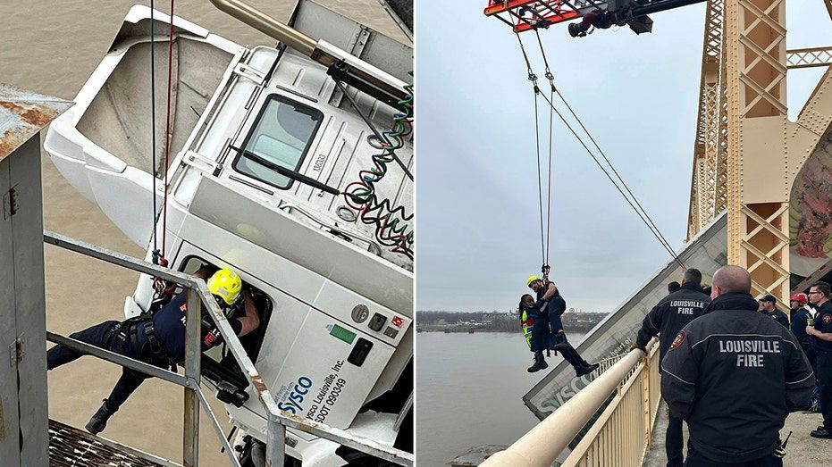 Dramatic video shows harrowing moment truck crashes on bridge in Louisville, Kentucky, left dangling off edge - Fox News