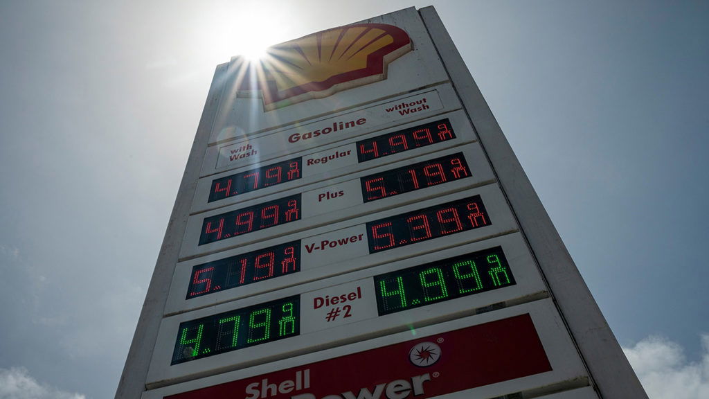 Gas prices on a sign at a Shell gas station in San Francisco, California, US, on Tuesday, May 23, 2023. US gasoline demand outpaced year-ago levels by 2% in the latest government data. Photographer: David Paul Morris/Bloomberg via Getty Images