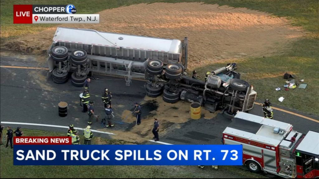 Overturned sand truck spills load, fuel on White Horse Pike ramp to Rt. 73 in Waterford Twp., NJ - WPVI-TV