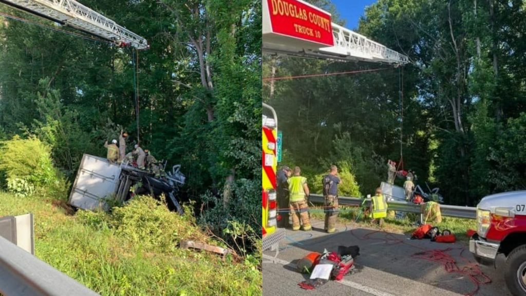 Crews spend an hour rescuing driver, passengers after box truck crashes on I-20 - WSB Atlanta