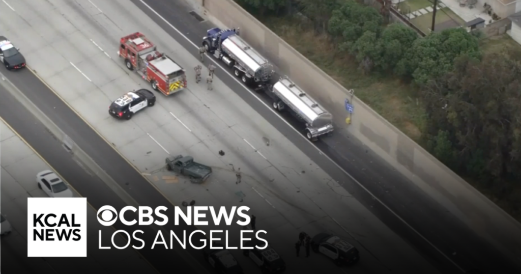 Stolen car pursuit ends as suspect crashes into gasoline tanker on 110 Freeway - CBS News