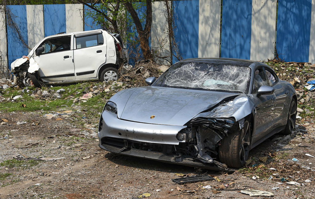 Pune: The Porsche car found without number plate, in Pune, Tuesday, May 21, 2024. The car was allegedly driven by a 17-year-old boy who knocked down two motorbike riders on Sunday, causing their death in Kalyani Nagar of Pune city, as the police claim. (PTI Photo)(PTI05_21_2024_000177B)