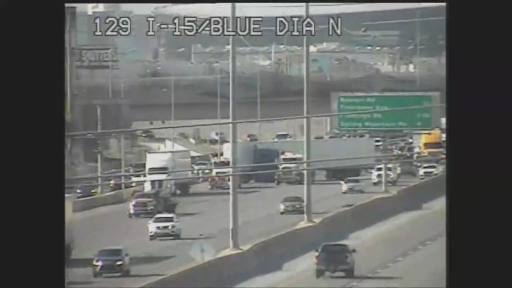 Jack-knifed semi truck slows traffic on I-15 near Blue Diamond - KLAS - 8 News Now