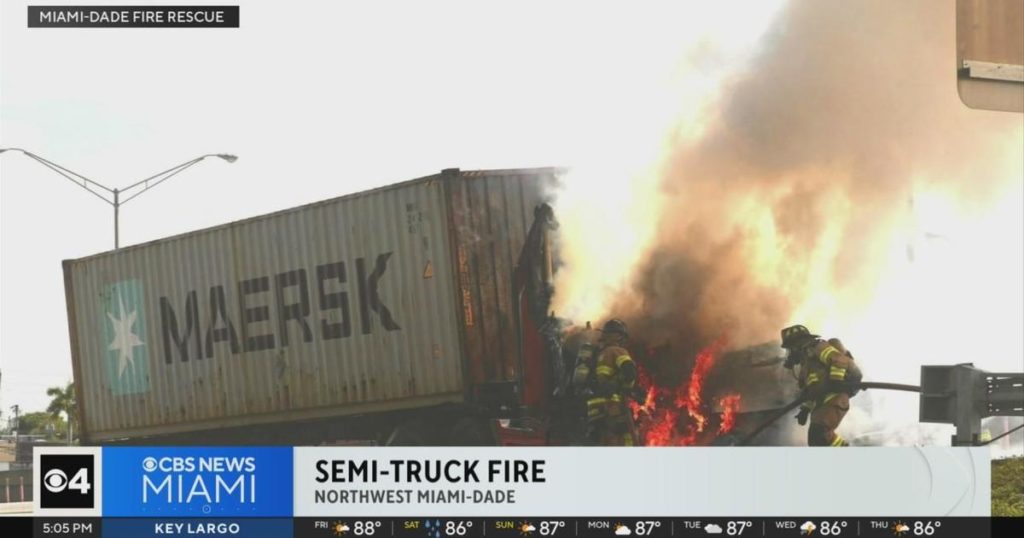 Semi truck catches on fire on Palmetto Expressway - CBS News