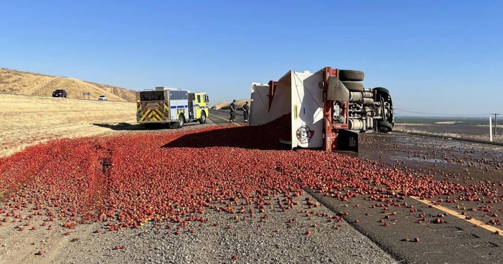 Tomato truck crashes, spills fruit all over I-5 near Patterson - CBS News