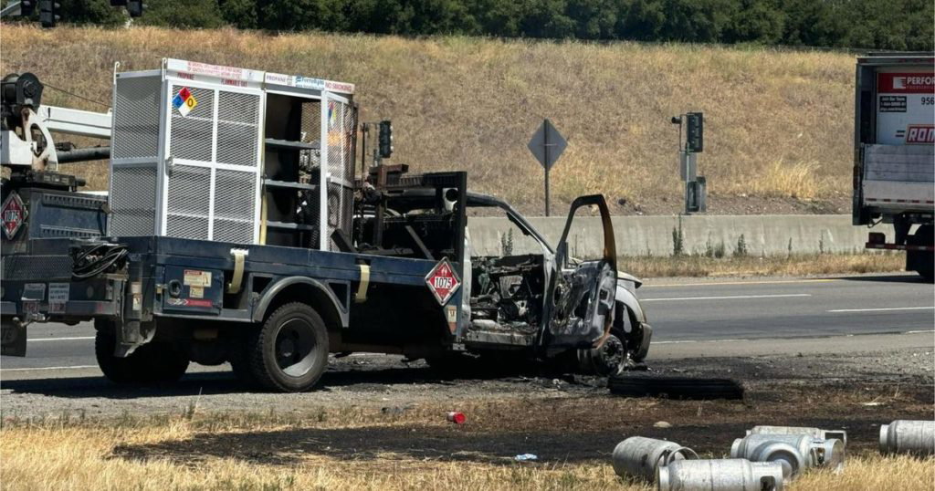 Propane truck fire on southbound Hwy 101 near Morgan Hill closes lanes for hours - CBS News